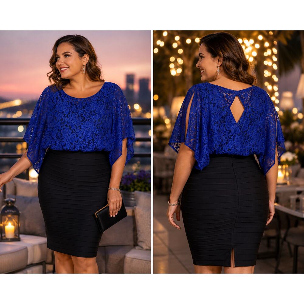 Melrose Cobalt Blue Lace Blouson Bodycon Cocktail Dress Keyhole Back Party 10